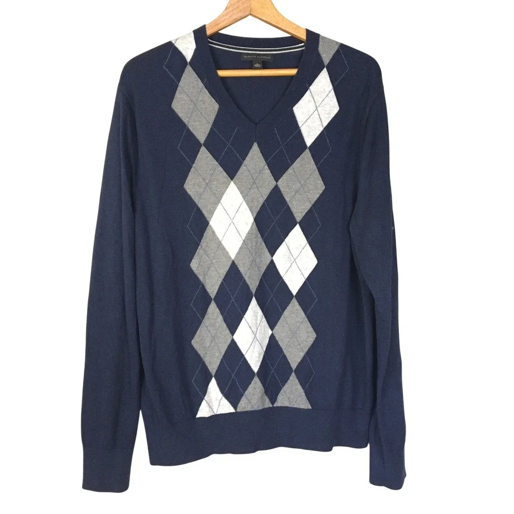 Banana Republic Cashmere Cotton Blend Men's Navy Argyle V-Neck Sweater Size L